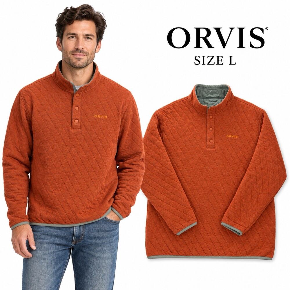 Orvis Mens Large Quilted Pullover Sweatshirt Rust Orange Quarter Snap Mock Neck